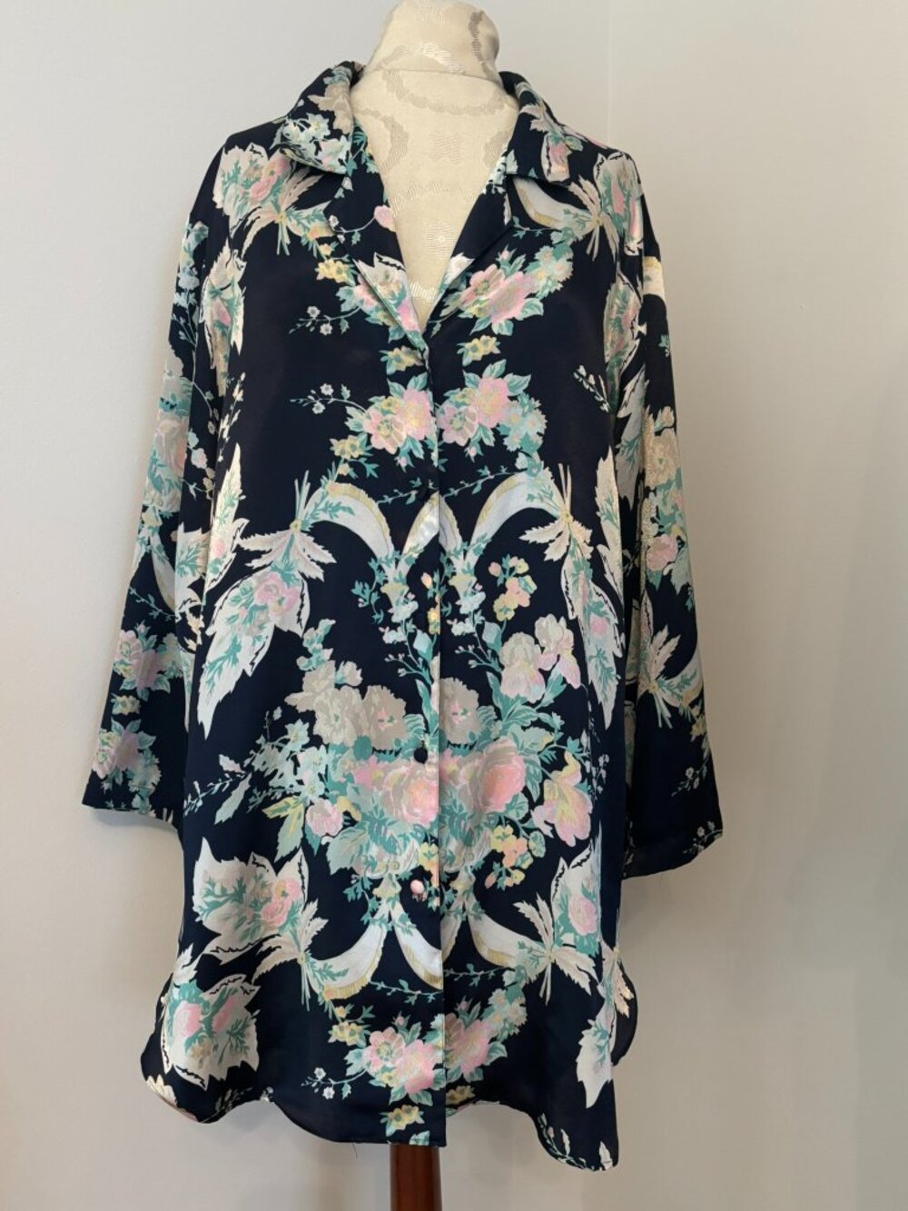VTG SAKS FIFTH AVENUE FLORAL SATIN PAJAMA NIGHTSHIRT M COTTAGECORE ROMANTIC